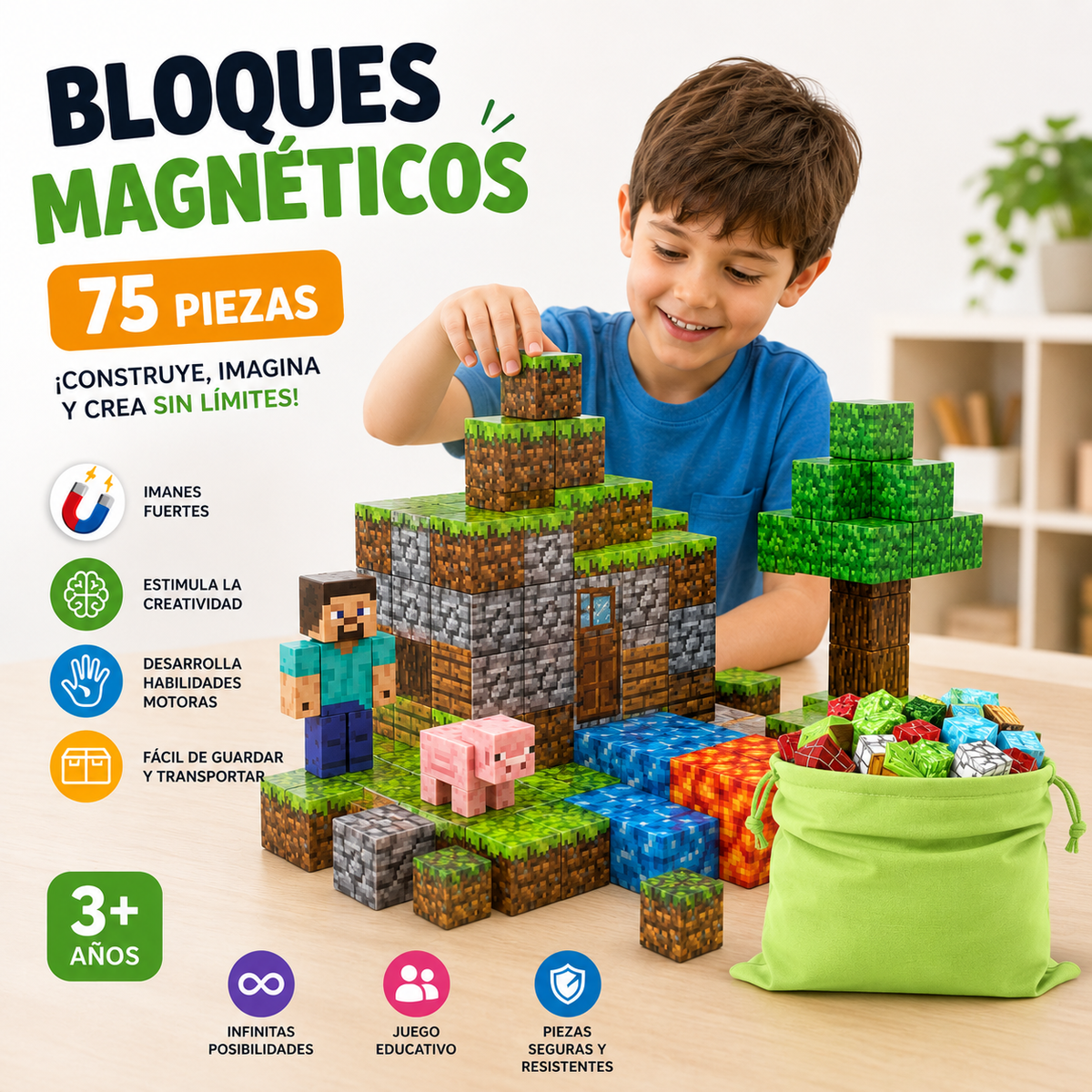 Bloques Magnéticos Minecraft 75 Piezas